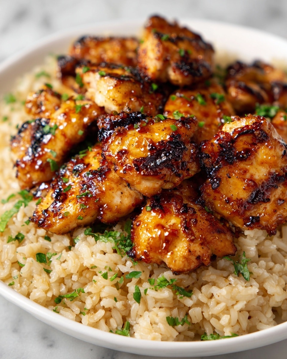 The image shows a close-up of grilled chicken pieces placed over a bed of cooked rice. The chicken has a golden brown color with a slight char and glaze, and it looks juicy and tender. The rice beneath is light brown, cooked perfectly with some visible grains, and has a soft texture. Small green garnish bits are sprinkled on top, adding a fresh look. The dish is on a white plate, set on a white marbled surface. Photo taken with an iphone --ar 4:5 --v 7