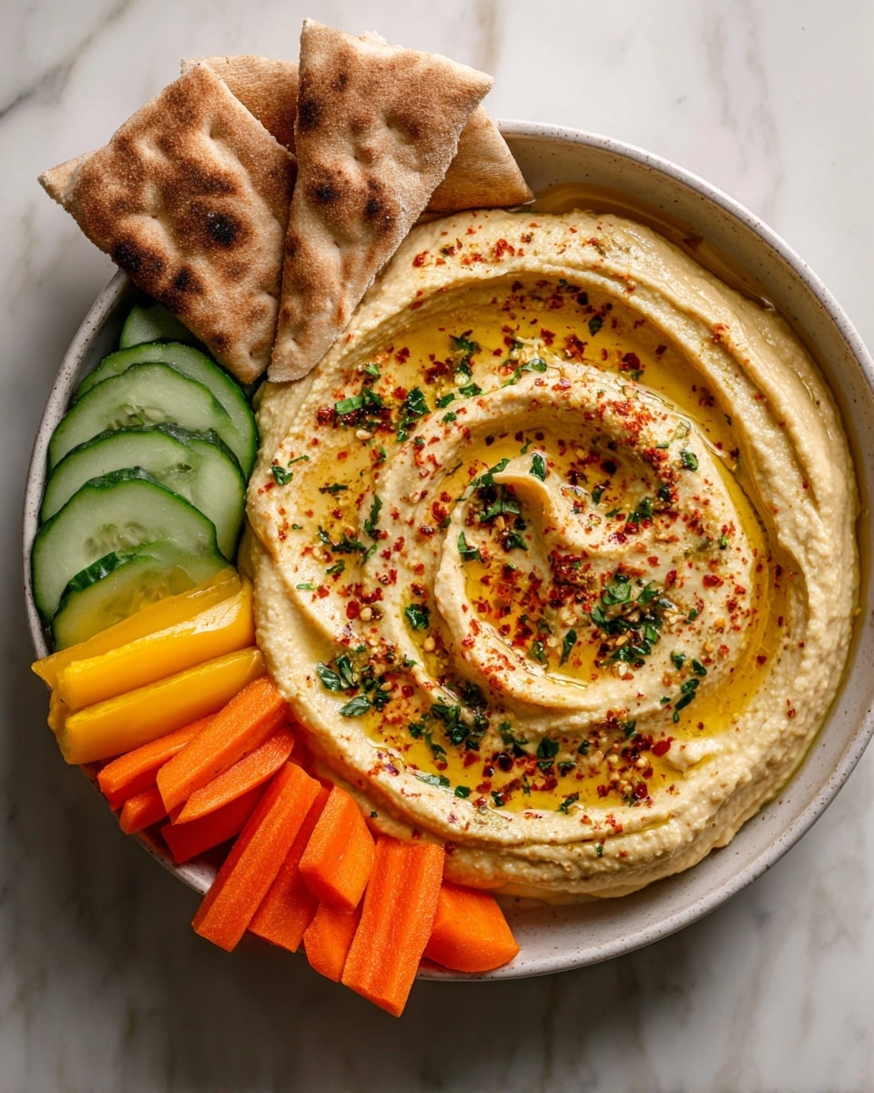 A round white bowl sits at the center filled with creamy hummus that has a smooth texture and is topped with a swirl of golden olive oil, sprinkled with red spices and chopped green herbs. Around the bowl, there are thin slices of green cucumber, bright orange carrot sticks, and yellow bell pepper strips, arranged in sections forming a colorful border. On the left side, folded pieces of soft, browned pita bread are stacked neatly. The whole scene is set on a white marbled surface. photo taken with an iphone --ar 4:5 --v 7