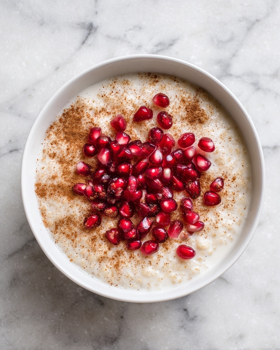 A white bowl filled with a creamy, off-white oatmeal topped with bright red pomegranate seeds scattered evenly and a light dusting of brown cinnamon powder on top, all resting on a white marbled surface. The oatmeal looks thick and smooth with a slight texture from the oats. photo taken with an iphone --ar 4:5 --v 7