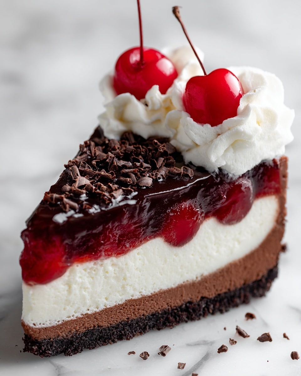 A single slice of layered cheesecake is shown, with a dark brown chocolate crust at the bottom, a thick smooth white cream cheese layer in the middle, and a glossy red cherry topping layer on top. A dollop of white whipped cream with a soft, fluffy texture sits on one corner of the slice, sprinkled with small dark chocolate shavings. Two shiny red cherries with green stems rest against the whipped cream. The dessert is placed on a surface with a white marbled texture. photo taken with an iphone --ar 4:5 --v 7