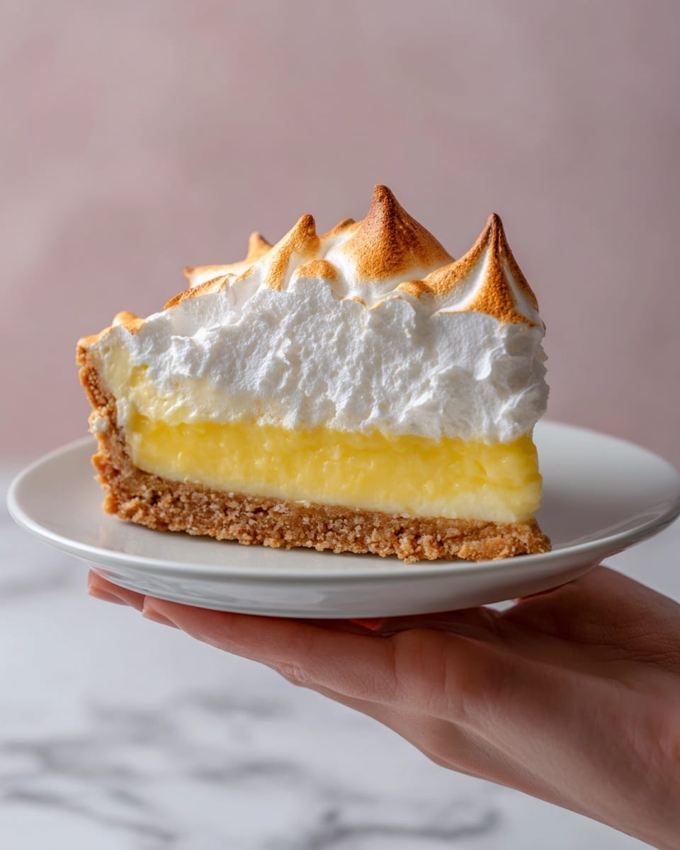 A slice of lemon meringue pie sits on a white plate with a smooth edge, placed on a white marbled surface with a soft pink background. The pie has three clear layers: a crumbly light brown crust at the bottom, a thick and creamy yellow lemon filling in the middle, and a tall, fluffy white meringue topping with lightly toasted golden peaks and soft, cloud-like texture on top. The layers are sharply defined, showing the contrast between the crumbly base, the smooth lemon layer, and the airy meringue. The photo taken with an iphone --ar 4:5 --v 7