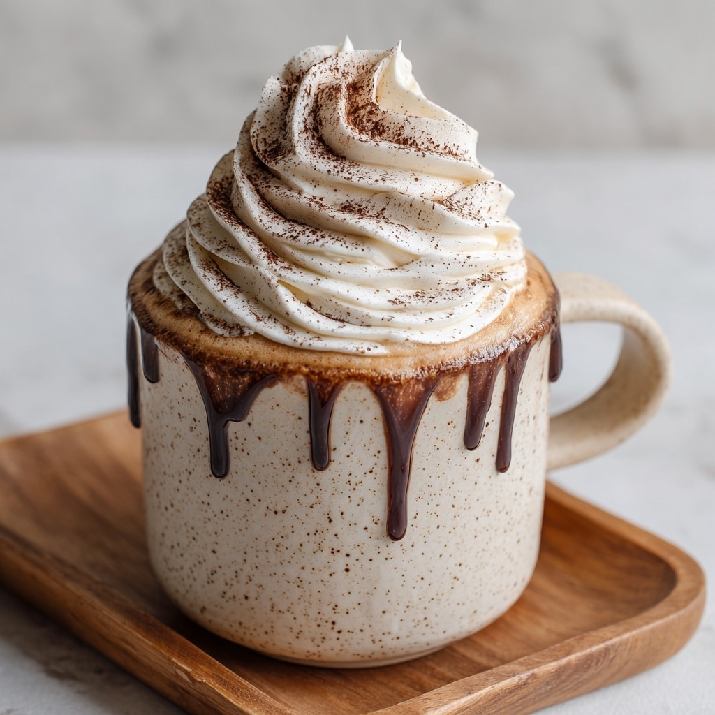 A white speckled cup filled with a hot drink topped with a thick layer of whipped cream that is swirled in a soft peak shape; around the edge of the cup, dark brown caramel sauce drips down the sides, creating a glossy contrast. The drink underneath looks creamy light brown with a sprinkling of fine cocoa powder on top of the whipped cream. The cup sits on a light wooden tray against a white marbled surface. Photo taken with an iphone --ar 4:5 --v 7