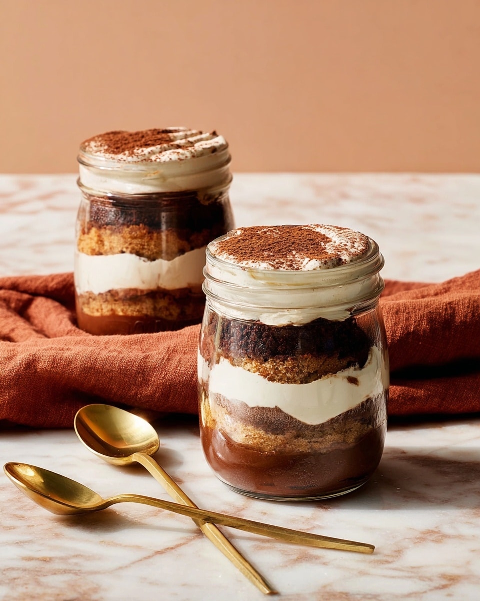 Two glass jars filled with a layered dessert sit on a white marbled surface, each showing multiple layers. The bottom layer is dark brown, rich chocolate, followed by a thick white cream layer. Above that is a crumbly, light brown layer, then another dark chocolate layer, another white cream layer, and a final dusting of cocoa powder on top. A gold spoon rests on a folded rust-colored cloth near one jar, and another gold spoon is placed across the rim of the other jar. The soft, warm background has a light peach color. Photo taken with an iphone --ar 4:5 --v 7