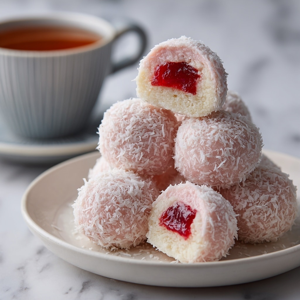 The image shows several small round pink cakes covered in shredded coconut, stacked on a white plate. Each cake has two soft, spongy layers with a bright red jelly filling in the middle, visible in the cut-open piece at the front. The texture of the cake looks fluffy and moist, while the jelly is smooth and shiny. In the blurred background, a white cup and a green plant are seen on a white marbled surface. Photo taken with an iphone --ar 4:5 --v 7