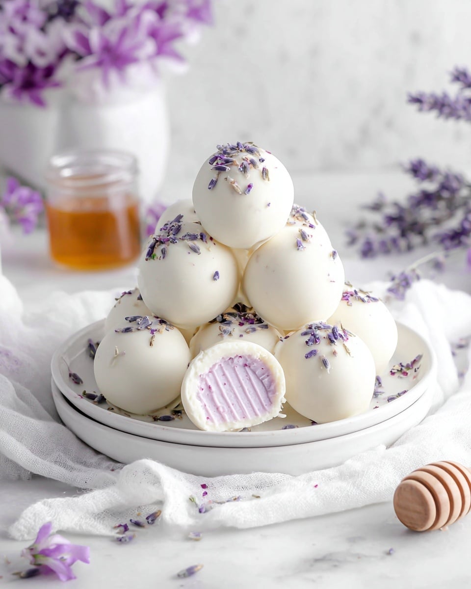A stack of round white chocolate-covered balls sits on a white plate, each smooth and glossy with tiny lavender flowers sprinkled on top as decoration. One ball is cut open, showing a light purple cream with a ridged texture inside. The plates rest on a soft white cloth with more small lavender flowers scattered around. The background shows a white marbled texture with blurred purple flowers in the distance and a honey dipper lying nearby. photo taken with an iphone --ar 4:5 --v 7