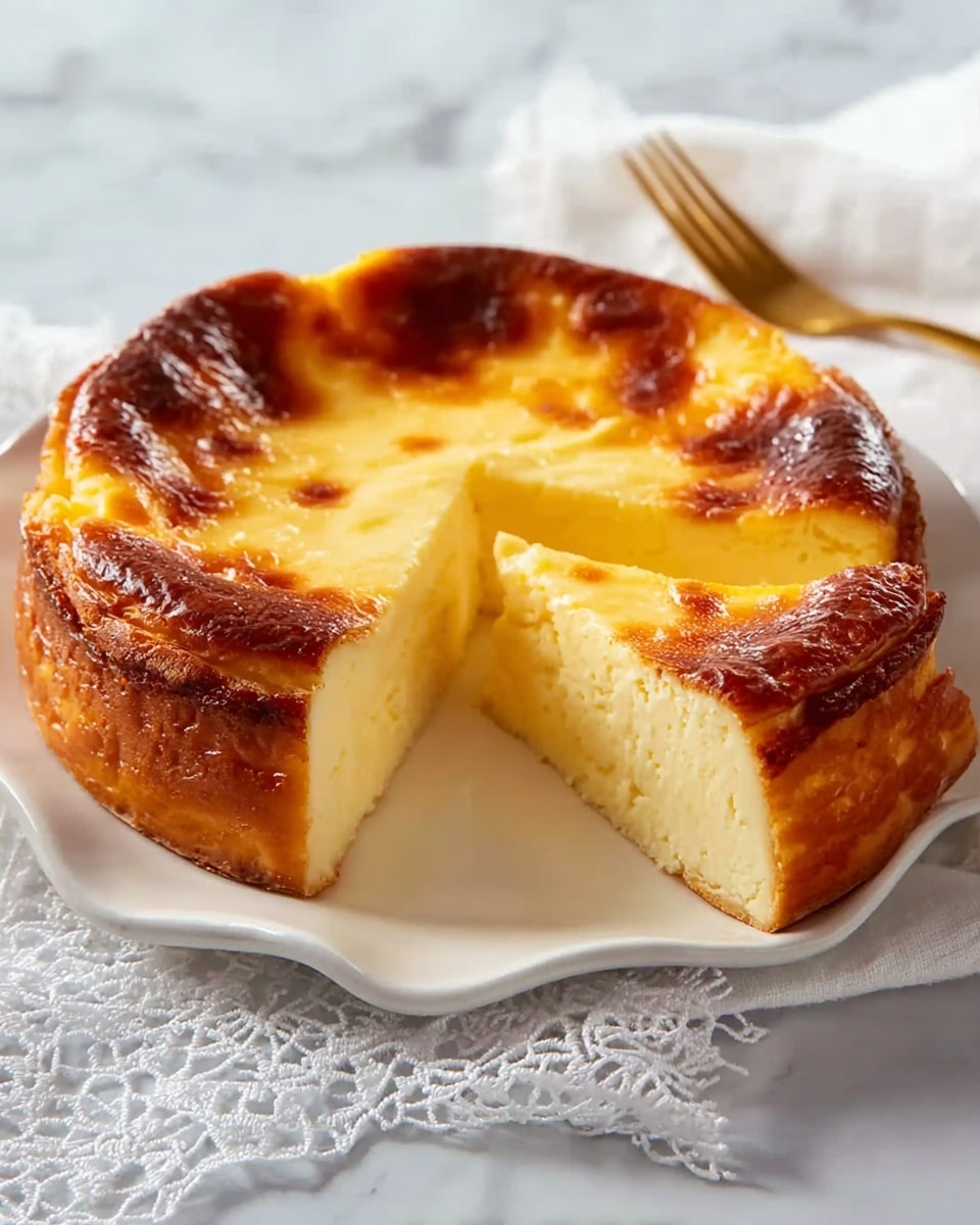 A single-layer baked cheesecake sits on a white plate with a wavy edge, showing a smooth, creamy, pale yellow interior. The top of the cheesecake is golden brown with a shiny, slightly cracked surface that has deeper brown caramelized spots around the edges and lighter yellow patches in the middle. One slice is cut and slightly moved out, revealing the soft texture inside. The plate is on a white marbled surface with a white lace cloth and a gold fork placed nearby. Photo taken with an iphone --ar 4:5 --v 7