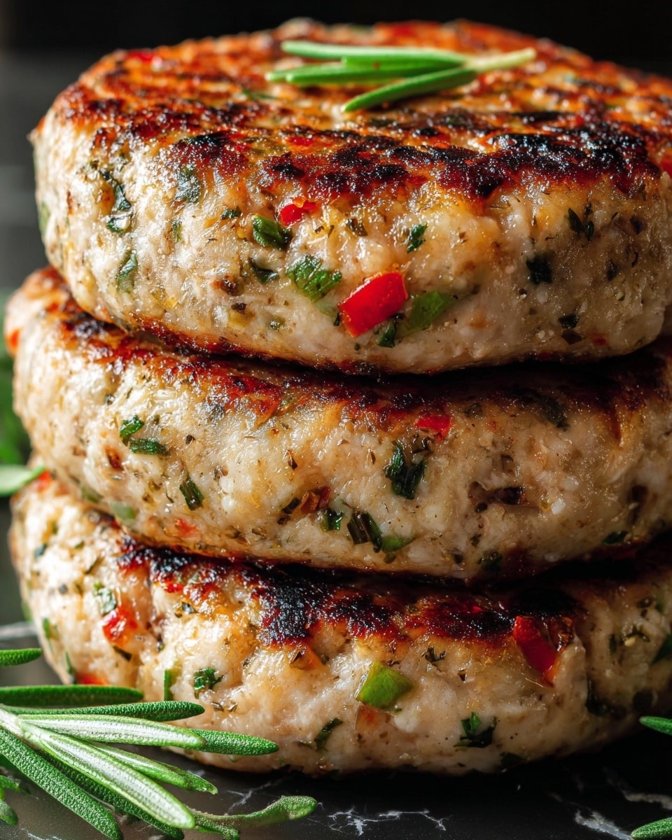 A close-up view of three stacked patties, each thick and round with a light beige base showing finely chopped green herbs and small red pepper pieces mixed throughout. The top of each patty is browned and slightly charred, giving a crispy texture. Small sprigs of fresh green rosemary rest on and around the patties. The patties sit on a dark surface with a white marbled texture subtly visible in the background. photo taken with an iphone --ar 4:5 --v 7