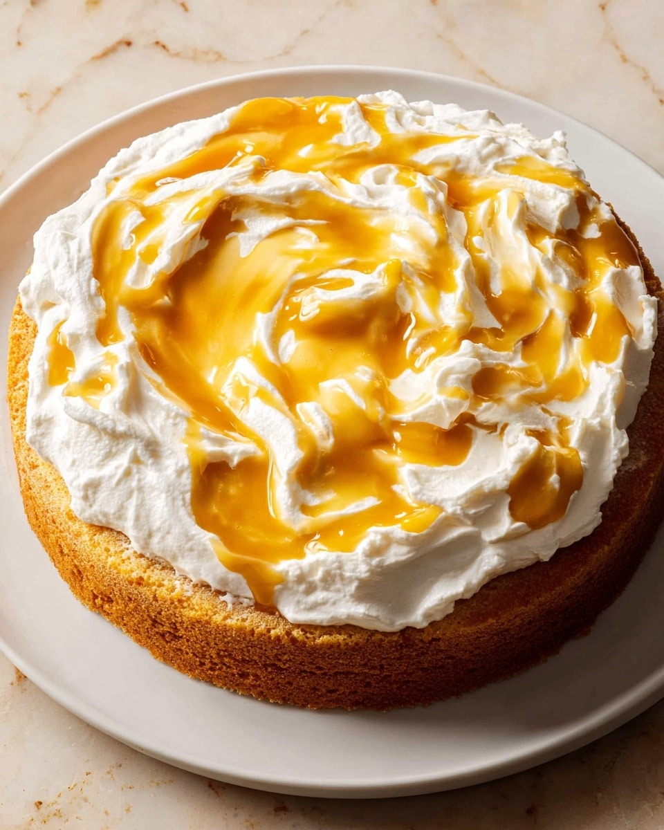 A single-layer golden brown cake with a rough textured edge sits on a white plate, topped with a thick, fluffy layer of white whipped cream spread unevenly across the top. Bright amber caramel sauce is swirled generously over the whipped cream in irregular patterns, creating shiny streaks and pools that catch the light. The background features a white marbled surface with soft, neutral tones. photo taken with an iphone --ar 4:5 --v 7