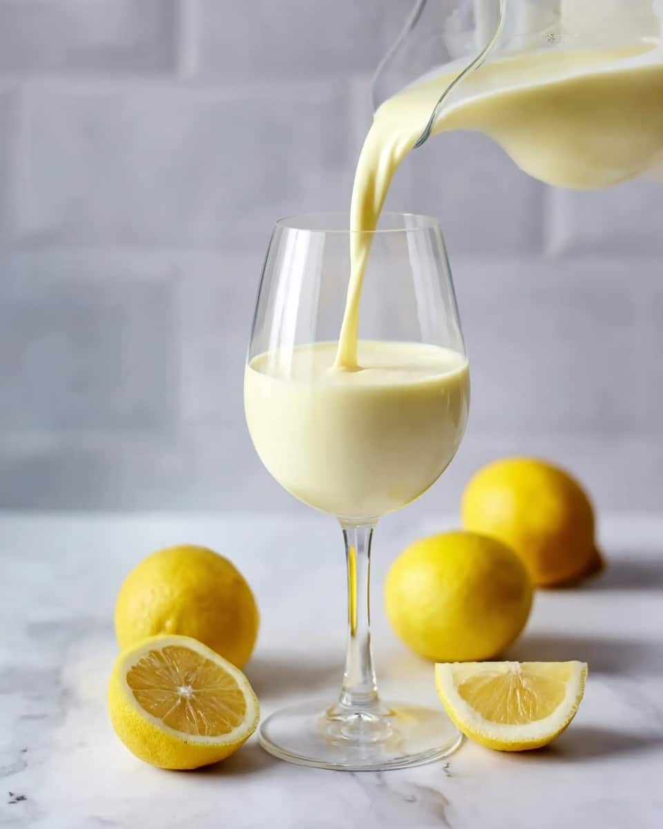 A clear wine glass sits on a white marbled surface, fresh lemon juice being poured into it, filling the glass with a creamy, pale yellow liquid that is smooth in texture. Surrounding the glass are three lemons: one whole lemon at the back left, another lemon cut in half showing the juicy yellow inside on the front left, and a similarly cut lemon half on the right side, all placed on the white marbled background. The scene is softly lit with a calm gray brick wall blurred in the background, focusing the eye on the glass and lemons. Photo taken with an iphone --ar 4:5 --v 7