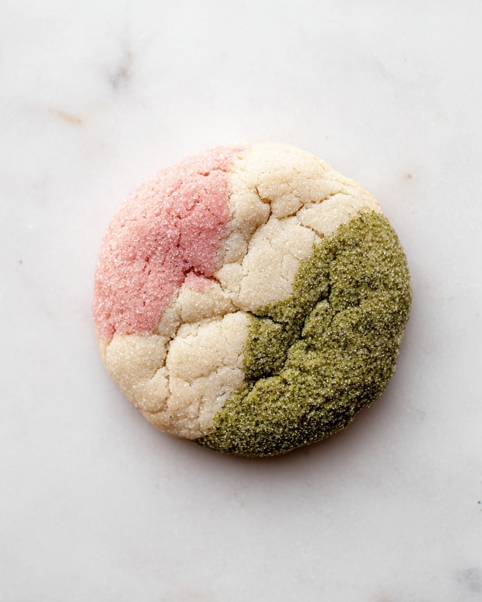 A round cookie divided into three sections with distinct colors and textures, sitting directly on a white marbled surface. One section is light pink with a soft, slightly cracked sugar-coated texture. The second section is creamy beige, smooth with a subtle sugar grain visible. The third section is green, coarse and grainy, resembling a matcha or herb sugar coating. The cookie’s surface is gently cracked and uneven, giving a homemade appearance. photo taken with an iphone --ar 4:5 --v 7