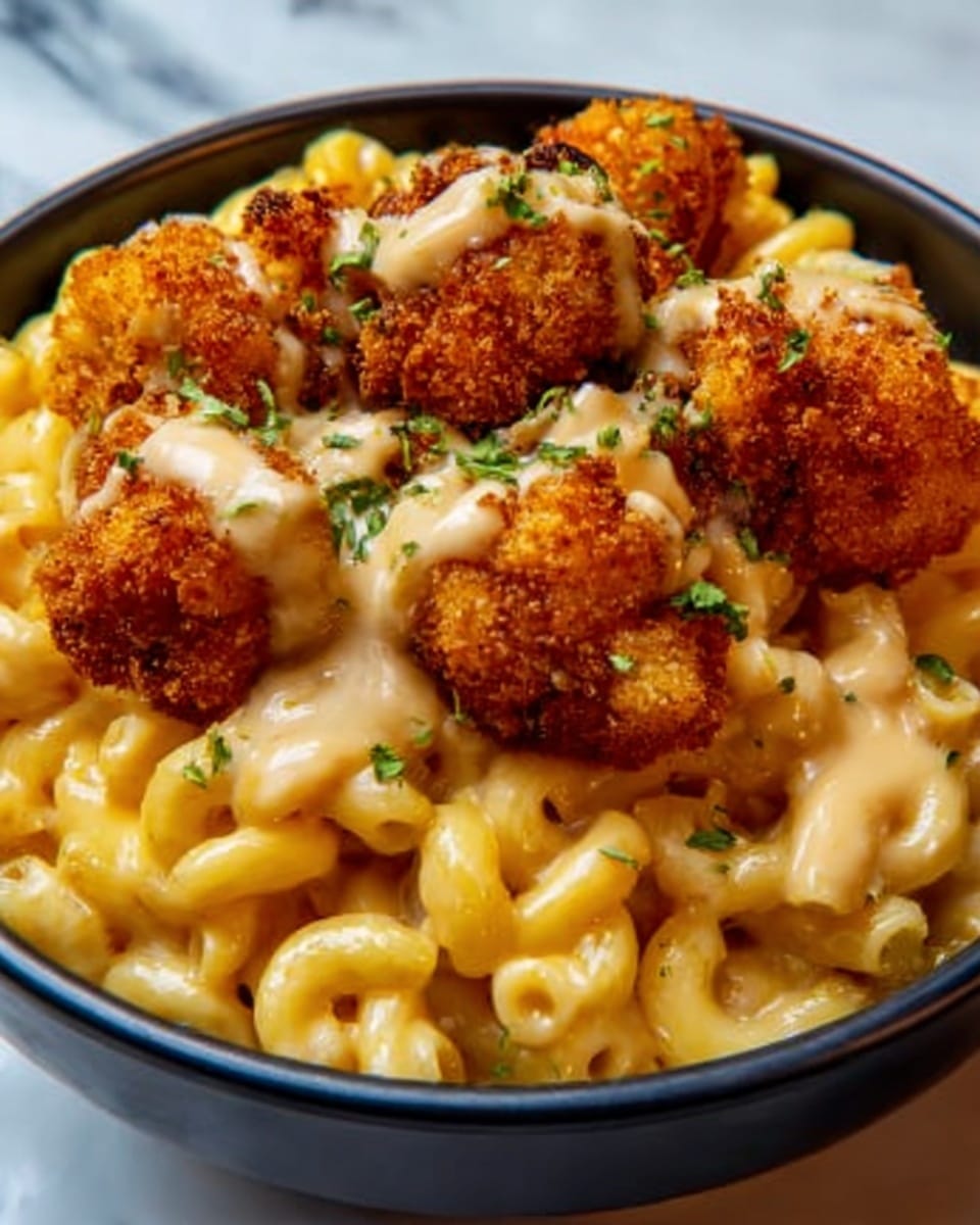 A white bowl filled with creamy, yellow macaroni and cheese forms the base layer, topped with several golden-brown breaded cauliflower bites that have a crispy texture. A smooth, light beige sauce is drizzled over the cauliflower, and small green herbs are sprinkled on top, adding a fresh touch. The white marbled surface beneath the bowl complements the dish's warm colors. Photo taken with an iphone --ar 4:5 --v 7
