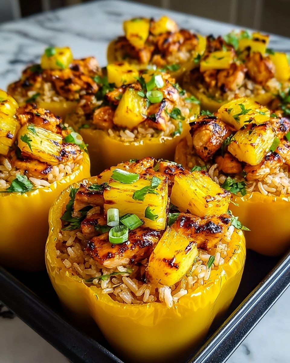 The image shows a tray of vibrant yellow bell peppers that are hollowed out and filled with layers of cooked rice at the bottom, topped with browned, grilled chicken pieces that have a slightly charred texture, and finished with juicy, golden pineapple chunks scattered on top. Each stuffed pepper is garnished with small green herb pieces, likely chopped scallions, adding a fresh hint of color. The peppers are arranged closely together in a black tray, sitting on a white marbled surface underneath. photo taken with an iphone --ar 4:5 --v 7