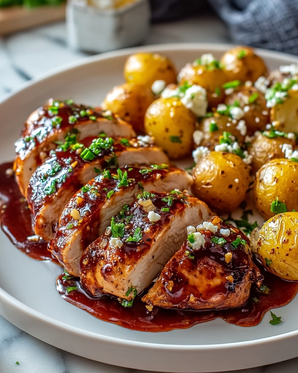 A white plate features sliced grilled chicken breast covered in a shiny, dark reddish-brown glaze with small bits of garlic, garnished with bright green herbs scattered on top and around. To the right of the chicken, there is a pile of small golden roasted potatoes sprinkled with chopped green herbs and bits of white cheese. The food rests on a white marbled surface, with the background softly blurred. photo taken with an iphone --ar 4:5 --v 7
