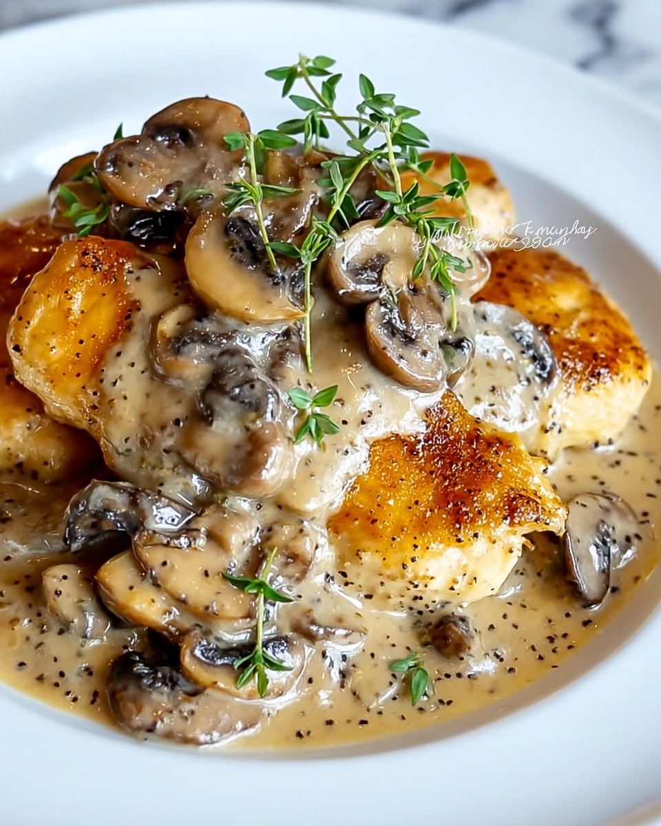 The image shows a white plate with a rich creamy mushroom sauce layered over several pieces of golden-brown cooked chicken. The chicken pieces form the base layer with their smooth, shiny, slightly crispy texture visible around the edges. On top is a thick, beige sauce with visible black pepper specks, mixed with sliced mushrooms that are dark brown with a soft, tender look. There are small green sprigs of fresh herbs placed on top for decoration, adding a pop of color. The plate sits on a white marbled surface. photo taken with an iphone --ar 4:5 --v 7