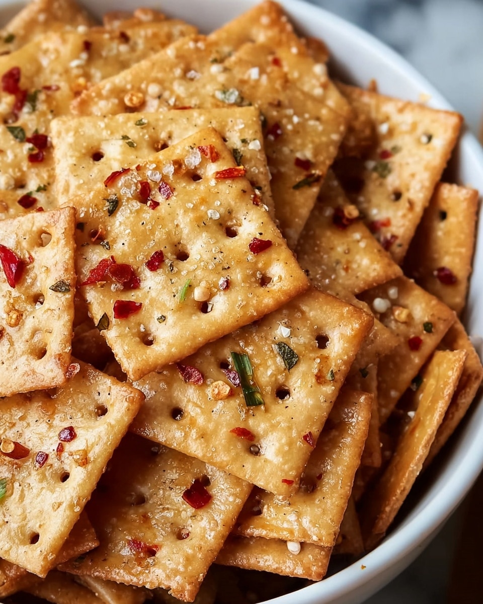 A close-up view of a pile of square crackers stacked unevenly in a white bowl, each cracker showing a golden-brown baked texture with small holes and a sprinkled topping of coarse salt, red chili flakes, and herbs, creating a rough and slightly grainy surface with hints of red, white, and green specks. The crackers have varying shades of golden brown, some lighter and others darker, showing they are crispy and well-seasoned. The white bowl sits on a white marbled textured surface, giving a clean contrast to the warm colors of the crackers. photo taken with an iphone --ar 4:5 --v 7