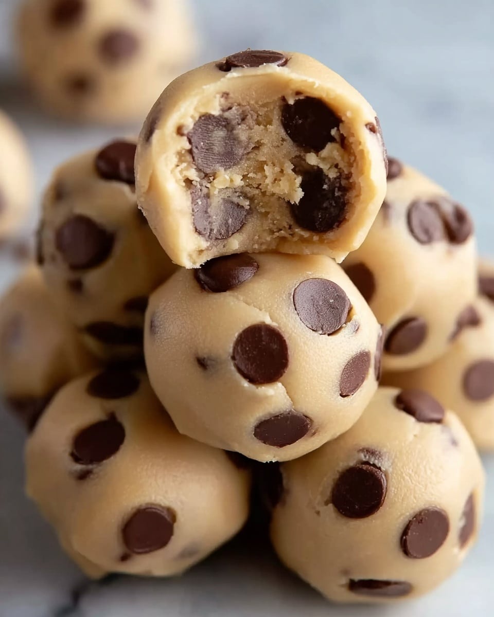 The image shows a close-up of bite-sized cookie dough balls stacked on a white marbled surface. Each ball is light beige in color with several dark brown chocolate chips embedded all around the surface. The ball on top has a bite taken out, revealing a soft, creamy interior that is beige with a layer of melted chocolate chips inside. The texture of the dough looks smooth and slightly soft, while the chocolate chips appear shiny and firm. Photo taken with an iphone --ar 4:5 --v 7
