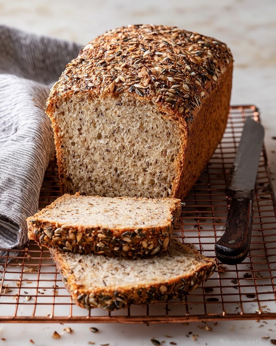A loaf of multigrain bread sits on a copper wire rack over a white marbled surface, with a gray and white striped cloth draped in the background. The bread has one full slice and two additional slices laid out in front, showing a soft, light brown interior filled with small seeds and grains throughout. The crust is thick and golden brown, densely covered with a mix of seeds like sunflower, flax, and pumpkin seeds giving a rough texture, especially on top. To the right of the loaf, a bread knife with a dark wooden handle rests on the rack. photo taken with an iphone --ar 4:5 --v 7