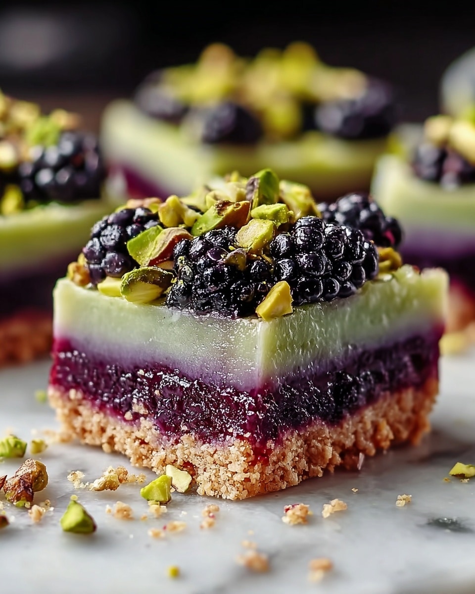 A square dessert bar is shown with four distinct layers on a white marbled surface. The bottom layer is light brown and crumbly, looking like a biscuit or crust base. Above it, the second layer is pale green with a smooth texture, possibly a pistachio or cream filling. The third layer is a thick, deep purple, slightly glossy and dense, resembling a berry jelly or fruit puree. On top, there is a layer of whole blackberries mixed with bright green chopped nuts, likely pistachios, adding a rough and crunchy texture. Small pieces of the green nuts are scattered around the bar on the surface. Photo taken with an iphone --ar 4:5 --v 7