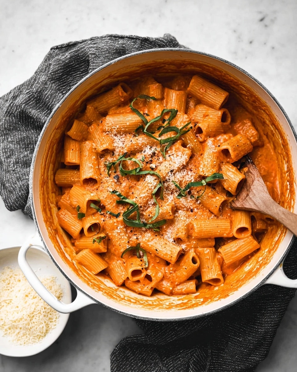 A large white pot filled with rigatoni pasta coated in a smooth, orange creamy sauce, topped with thin slices of fresh green basil and a light dusting of grated white cheese. The pasta pieces are short tubes with ridges, well mixed with the sauce that clings to each piece. A wooden spoon is resting inside the pot on the right side, partly covered in sauce. The pot sits on a dark grey textured cloth, placed on a white marbled surface. Next to the pot, there is a small white bowl filled with grated cheese. Photo taken with an iphone --ar 4:5 --v 7
