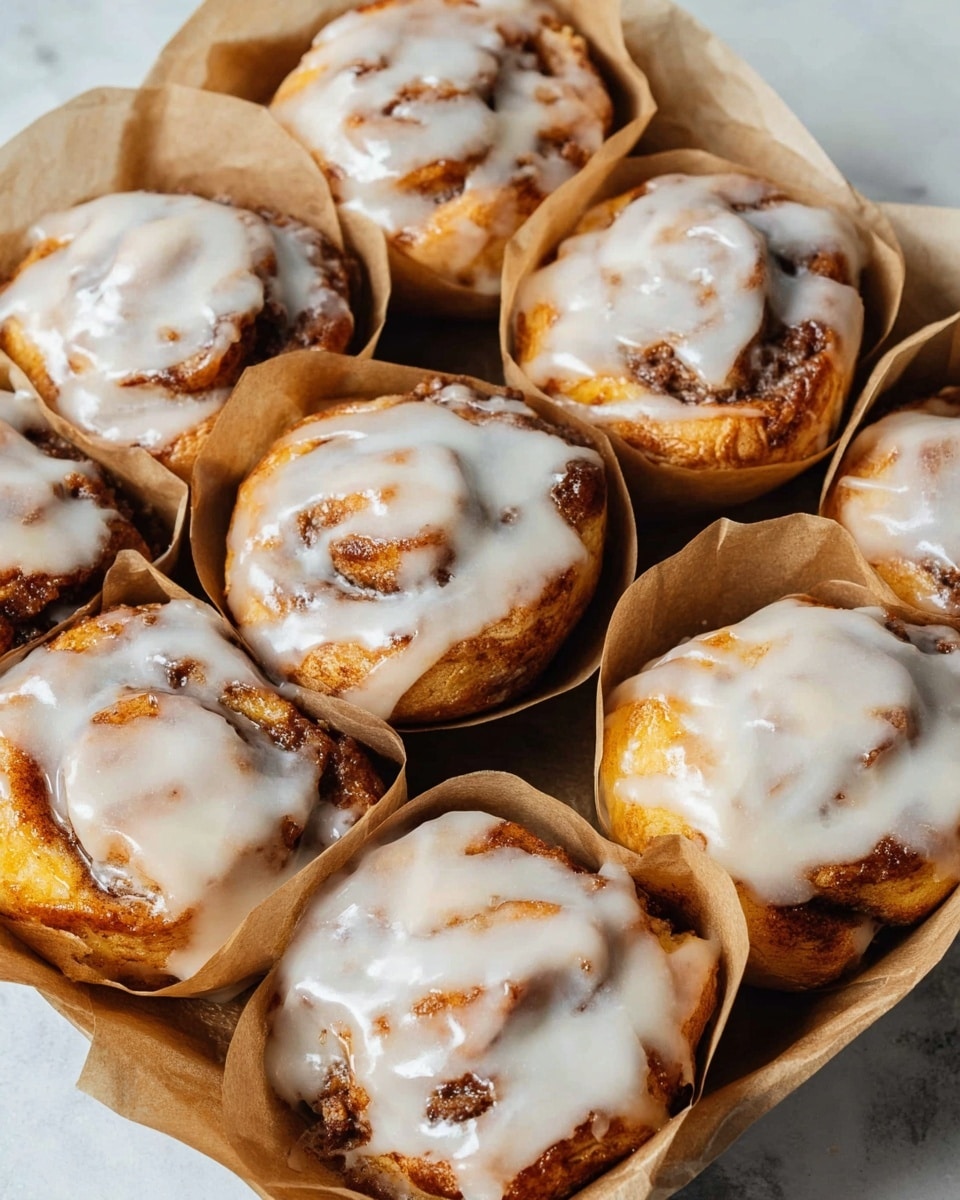 A tray holds ten cinnamon rolls wrapped in light brown parchment paper. Each roll has three visible layers: the base layer is golden-brown soft dough, the middle layer is a darker, crumbly cinnamon-sugar filling, and the top layer is a thick, white, slightly shiny glaze drizzled unevenly over each roll. The rolls are close together, showing their soft, rounded shapes with gooey texture from the glaze and filling. The whole scene is set on a white marbled textured surface. photo taken with an iphone --ar 4:5 --v 7