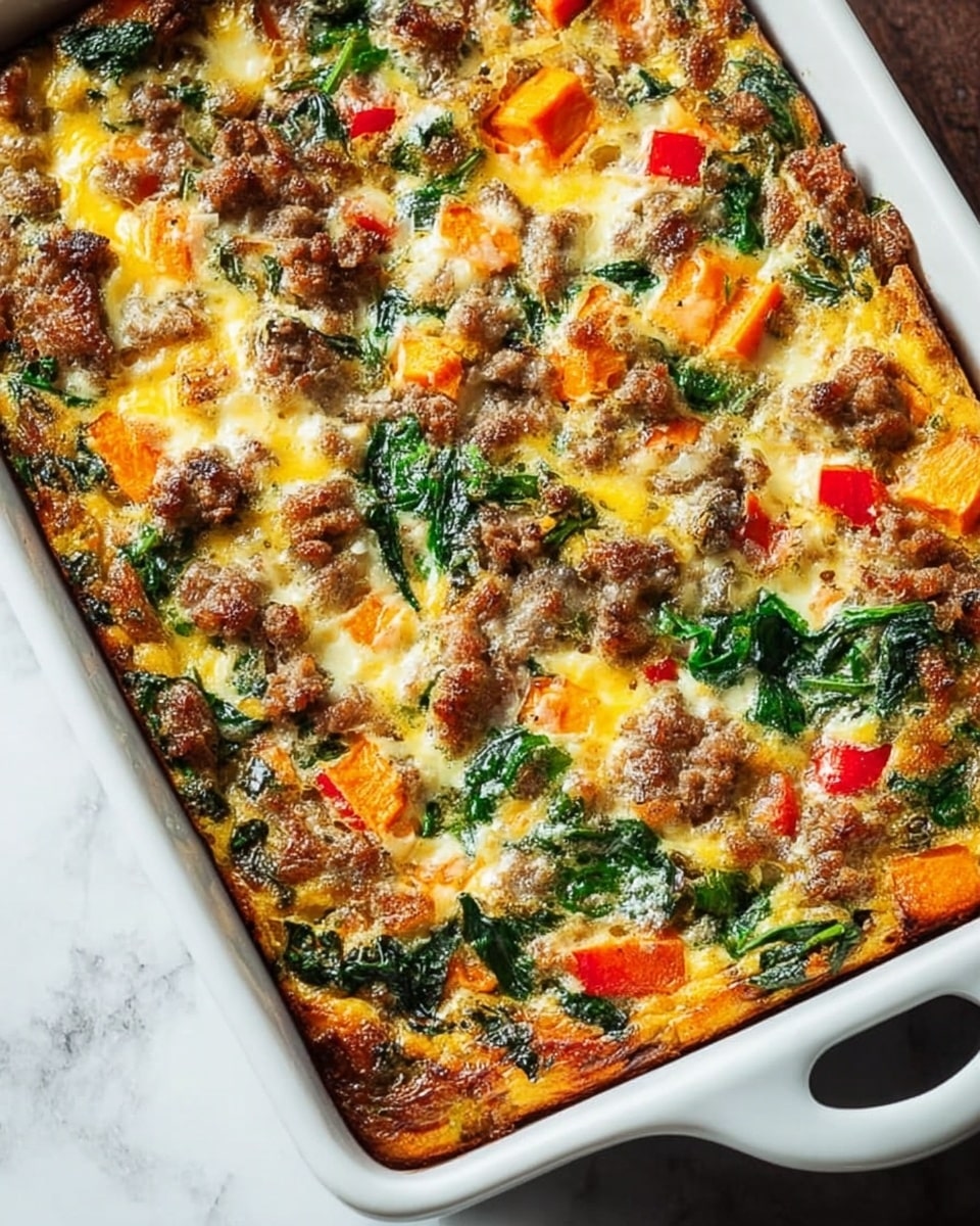 A close-up of a baked casserole in a white rectangular dish with one visible handle; the casserole has a top layer that is golden yellow with a mix of small chunks of brown cooked ground meat, bright green leafy vegetables, orange sweet potato pieces, and small red bell pepper bits. The texture looks slightly crispy on edges, and the colors are vibrant and varied, spread evenly across the surface. The dish is placed on a white marbled textured background. photo taken with an iphone --ar 4:5 --v 7