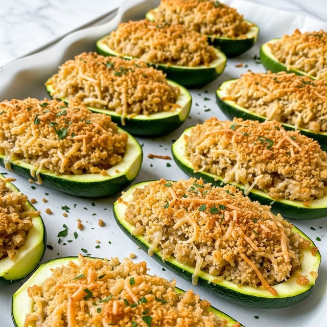 The image shows several zucchini boats arranged in a single layer on a baking tray lined with parchment paper. Each zucchini is halved lengthwise, revealing a bright green outer skin with a slightly glossy texture, and the hollowed center is filled with a thick, creamy, pale yellow mixture topped with a golden-brown, crispy breadcrumb and cheese crust. Small green parsley leaves are sprinkled on top for a fresh touch. The zucchini pieces are closely spaced but not touching, and the lighting brings out the warm, toasted colors of the topping against the green zucchini. The baking tray rests on a white marbled surface. photo taken with an iphone --ar 4:5 --v 7