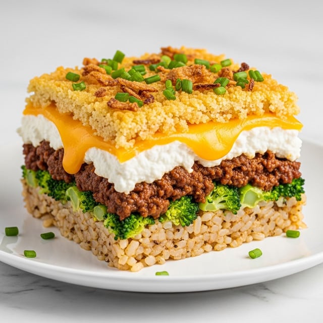 The image shows a square slice of a layered dish on a white plate, placed on a white marbled surface. The bottom layer is a compact, slightly browned rice foundation with visible moisture. Above that is a layer of green broccoli, adding texture and color contrast. Next, there is a layer of rich, brown ground meat, firm and well-cooked. Following is a thick white creamy layer, likely cottage cheese or a similar cheese. Above this is a bright yellow melted cheese layer, dripping slightly down the sides. The top layer consists of a golden-brown crust, crumbly and textured, with scattered small green chives and crispy fried onion bits sprinkled on top. Photo taken with an iphone --ar 4:5 --v 7