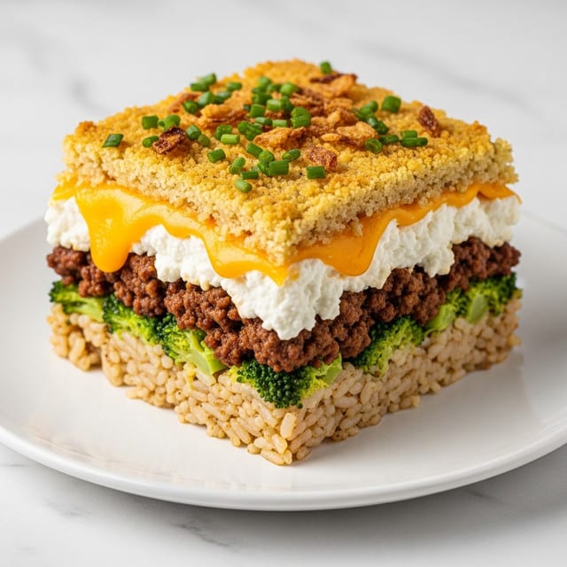 The dish is a square layered savory cake on a white plate, placed on a white marbled surface. The bottom layer is white sticky rice with a slightly crispy texture at the edges, topped with bright green broccoli florets arranged evenly on the rice. Above the broccoli is a thick layer of cooked ground meat, dark brown and crumbly. On top of the meat is a layer of white cottage cheese, soft and creamy. Above the cottage cheese is a layer of golden melted cheddar cheese, slightly dripping at the edges. The topmost layer is crispy browned melted cheese with a crunchy surface, sprinkled generously with fried onion strings and small chopped green herbs. Photo taken with an iphone --ar 4:5 --v 7