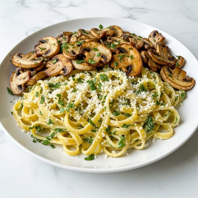 A dish with two main layers is shown on a white plate sitting on a white marbled surface. The bottom layer is creamy yellow fettuccine pasta mixed with small, chopped green herbs, arranged in a loose pile with a smooth and glossy texture. The top layer consists of golden-brown, sautéed mushroom slices with a slightly crispy and caramelized surface, spread evenly over the pasta. The whole dish is sprinkled with finely grated white cheese and small chopped green herbs, adding texture and color contrast. Photo taken with an iphone --ar 4:5 --v 7