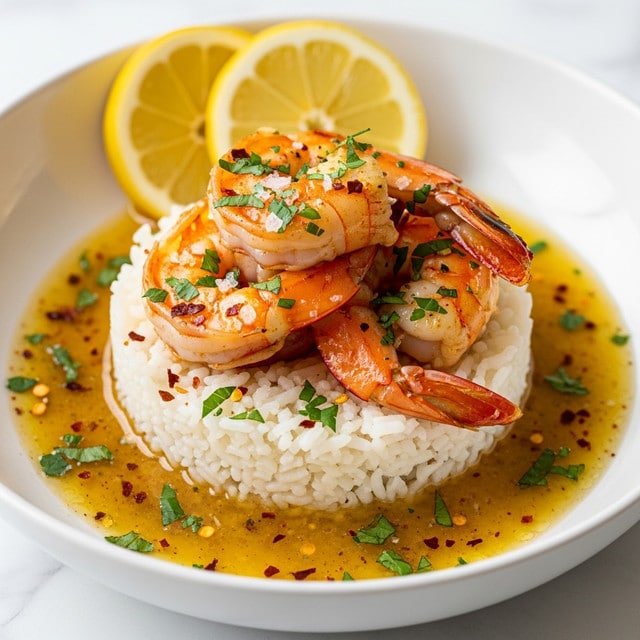 A white bowl holds three bright orange, cooked shrimp layered on top of a fluffy mound of white rice. The shrimp and rice are covered with green chopped herbs and sprinkled with coarse sea salt and red chili flakes. The dish is surrounded by a pool of light yellow buttery sauce speckled with herbs and spices. Two lemon slices rest against the inside rim of the bowl in the back. The bowl sits on a white marbled surface. photo taken with an iphone --ar 4:5 --v 7