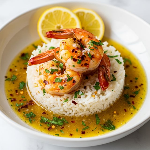 A white bowl filled with a base layer of white rice with a soft, grainy texture. On top, there are several cooked shrimp with a shiny, reddish-orange color, covered with bright green chopped herbs and red chili flakes. The shrimp layer sits in a thin, golden sauce that slightly pools at the bottom of the bowl. At the back, two slices of fresh lemon with a pale yellow color are placed, leaning against the bowl’s edge. The bowl rests on a white marbled surface. photo taken with an iphone --ar 4:5 --v 7