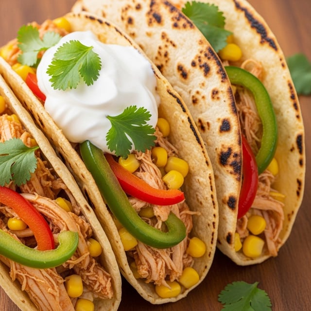 Three golden-brown toasted tortillas filled with shredded chicken, yellow corn kernels, and slices of red and green bell peppers are placed closely together on a wooden surface. The front tortilla has a dollop of white sour cream on top, garnished with small green cilantro leaves scattered nearby and on the sour cream, adding a fresh touch. The tortillas show a nice crispy texture from toasting with visible brown spots evenly spread across their surface. Photo taken with an iphone --ar 4:5 --v 7