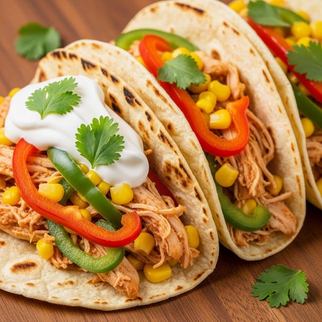 Three grilled burritos are placed closely on a wooden surface, each wrapped in a soft, lightly charred tortilla with golden brown spots. The burritos are filled with cooked white shredded chicken, bright yellow corn kernels, and red bell pepper slices, visible at the open ends. The middle burrito has a dollop of white sour cream on top, garnished with fresh green cilantro leaves scattered lightly on the burritos and around them. The background shows a blurred glimpse of more corn in a brown bowl. photo taken with an iphone --ar 4:5 --v 7