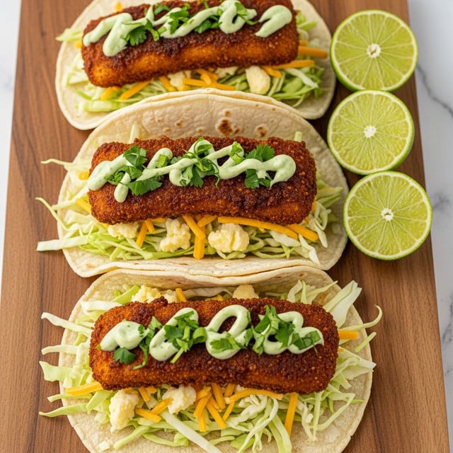 Three crispy fish tacos are arranged close to each other on a white plate. Each taco has two golden-yellow corn tortillas as the base, filled with finely shredded light green cabbage on the bottom layer. On top of the cabbage, there is a thick piece of dark brown, crispy fried fish with visible seasoning. The fish is drizzled with light green creamy sauce in thin lines and garnished with fresh chopped green herbs. There are also thin slices of orange cheese peeking out underneath the fish in some tacos. In the background, there are halved lime pieces with a bright green color. The whole scene is set on a white marbled texture. Photo taken with an iphone --ar 4:5 --v 7