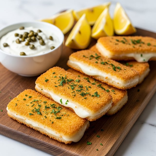 A wooden board holds five golden brown, crunchy fried sticks with a crispy texture and specks of green herbs sprinkled on top. The fried sticks have a slightly uneven crispy coating, revealing soft white filling inside. Behind them, there is a white bowl filled with a creamy sauce dotted with small green capers. To the right, lemon wedges arranged in a row add a bright yellow contrast. The entire scene sits on a white marbled textured surface. photo taken with an iphone --ar 4:5 --v 7