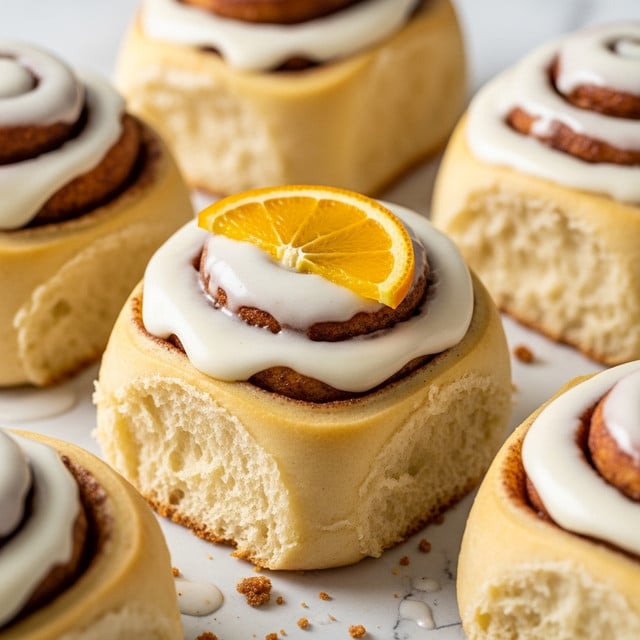 The image shows a close-up view of several cinnamon rolls with three visible layers: a light golden-brown dough base, a swirl of cinnamon filling in the middle, and a creamy white icing thickly covering the top. One cinnamon roll is topped with a thin orange slice, adding a bright contrast to the soft colors of the rolls. The rolls have a soft, fluffy texture, and the icing looks smooth and glossy. The rolls appear to be placed on a white marbled surface with a slight crumbs and glaze around them. Photo taken with an iphone --ar 4:5 --v 7