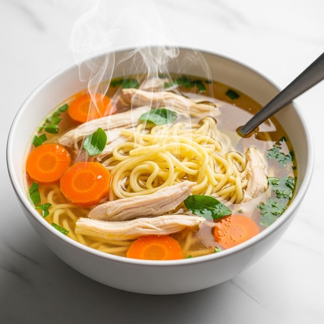 The image shows a close-up of a bowl of chicken noodle soup with steam rising. The soup has a light yellow broth filled with shredded white chicken pieces, thin noodles, sliced orange carrots, small yellow corn kernels, and green herbs scattered throughout. A silver spoon is inside the bowl, partially submerged in the soup with its handle resting on the edge. The bowl is white and sits on a white marbled surface. photo taken with an iphone --ar 4:5 --v 7