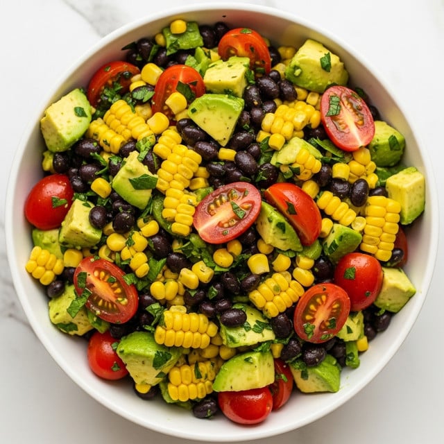 A close-up of a fresh salad in a white bowl, showing many layers and colors. The bottom layer is green pieces of avocado with smooth texture, scattered with bright yellow corn kernels. On top of that, there are black beans with a shiny surface mixed in. Small red cherry tomato halves with juicy texture are spread evenly around the bowl. There are also bits of green herbs sprinkled throughout. Everything looks fresh and vibrant with different colors and textures. The photo is taken with an iphone --ar 4:5 --v 7