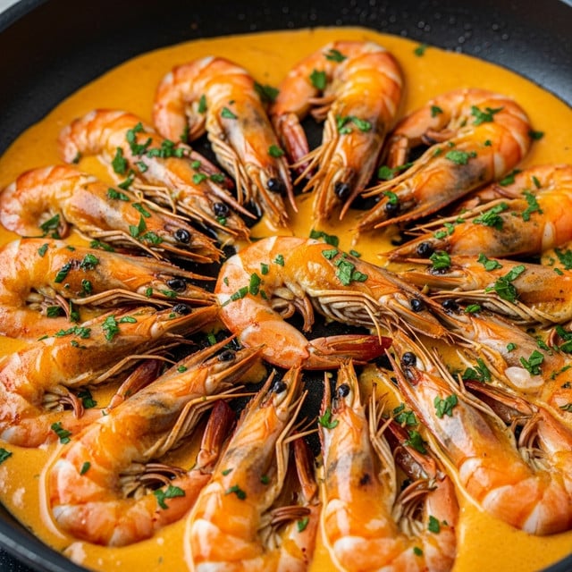 A close-up view of a dish filled with plump, golden-orange shrimp cooked in a creamy, light orange sauce. The shrimp are arranged in several curved layers, each sprinkled with finely chopped fresh green herbs and small flecks of red seasoning. The sauce has a smooth and slightly glossy texture, pooling around the shrimp and adding a rich, inviting look. The image captures the shrimp’s slightly charred edges, emphasizing a well-cooked, tender texture. The scene is set on a white marbled surface, and the lighting highlights the warm, rich colors of the dish. Photo taken with an iphone --ar 4:5 --v 7