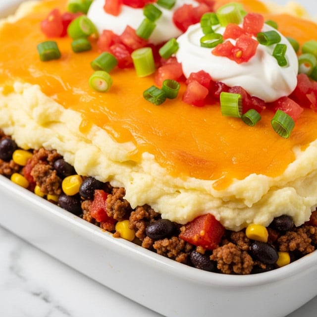 The image shows a close-up of a layered casserole in a white baking dish, placed on a white marbled surface. The bottom layer is made of cooked ground beef mixed with black beans, corn, and diced tomatoes, giving a rich brown and colorful base. Above that is a smooth, thick layer of pale yellow mashed potatoes. The top layer is covered with melted orange cheddar cheese, bubbly and slightly browned. On top of the cheese, there are fresh chopped green onions, a dollop of white sour cream, and small bits of bright red diced tomatoes. The layers are clearly visible, and the texture of each ingredient is distinct and vivid. Photo taken with an iphone --ar 4:5 --v 7