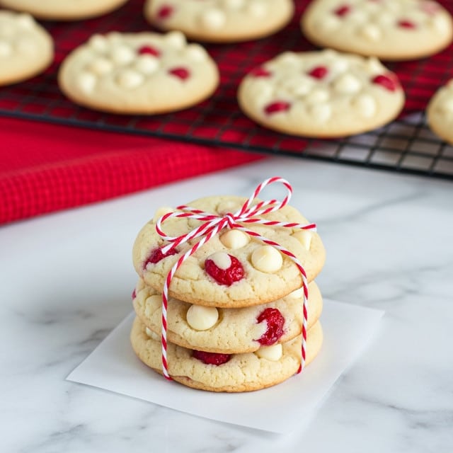 A stack of three round cookies with white chips and small red bits evenly spread throughout each cookie. The cookies have a soft, slightly rough texture and a light golden color. They are tied together with a thin red and white striped string bow, sitting on a small square piece of parchment paper. The background shows more cookies resting on a black cooling rack above a red textured cloth, all set on a white marbled textured surface. Photo taken with an iphone --ar 4:5 --v 7