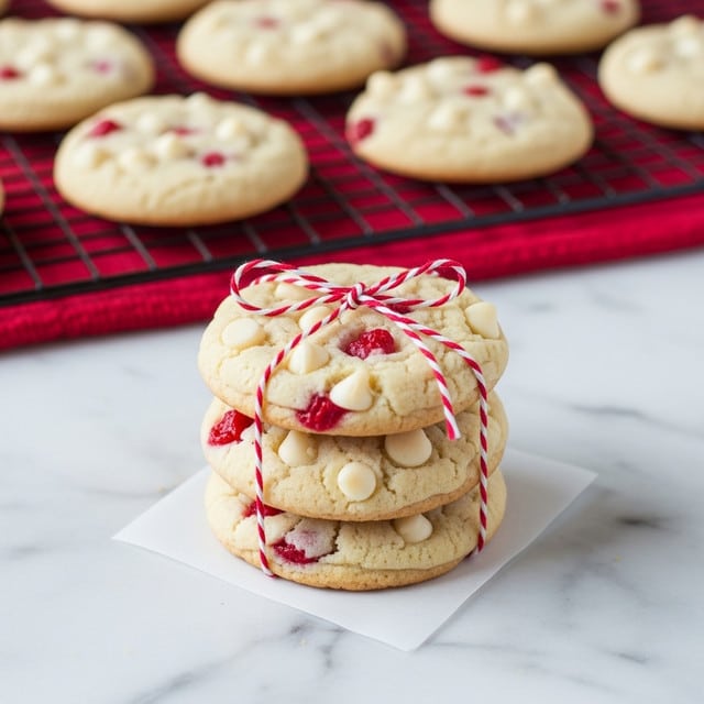 A stack of three cookies with a golden brown color, speckled with white chips and small red candy pieces, tied with a red and white striped string bow around the middle. The cookies have a slightly rough texture showing oats and chips. They sit on a piece of white parchment paper placed on a red woven mat surface, with more similar cookies blurred in the background on a black cooling rack. The background surface is changed to a white marbled texture. photo taken with an iphone --ar 4:5 --v 7