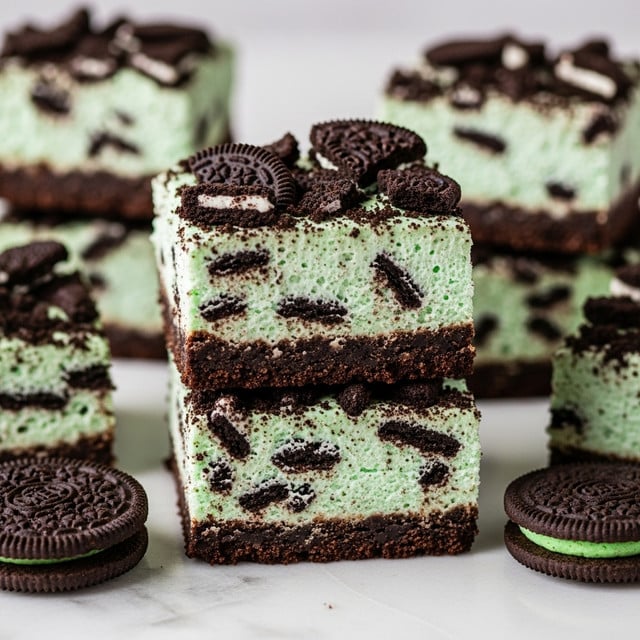 The image shows several square mint chocolate dessert bars stacked on a dark slate board, placed on a white marbled textured surface. Each bar has two layers: a thin, dark brown chocolate cookie base on the bottom and a thick, pale green mint cream layer on top, studded with small chopped pieces of dark chocolate cookies mixed throughout and scattered on top. The texture of the green layer is smooth and creamy with visible cookie crumbs, while the bottom layer looks dense and crumbly. Two whole chocolate mint sandwich cookies, one split to show the green filling, lie near the front of the bars, and a light green cloth is softly folded in the background. photo taken with an iphone --ar 4:5 --v 7