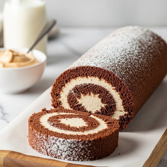 The image shows a chocolate cake roll with two main layers: the outer layer is a dark brown chocolate sponge cake with a slightly rough texture, dusted with powdered sugar, and inside is a creamy light beige filling that is smooth and thick, spiraled neatly around the cake. The cake roll is placed on a piece of parchment paper atop a wooden board, against a white marbled background. Nearby, there is a white bowl with a spoon inside, holding a soft peanut butter spread, and a small container with cocoa powder in the foreground. A glass of milk is partially visible in the back. Photo taken with an iphone --ar 4:5 --v 7