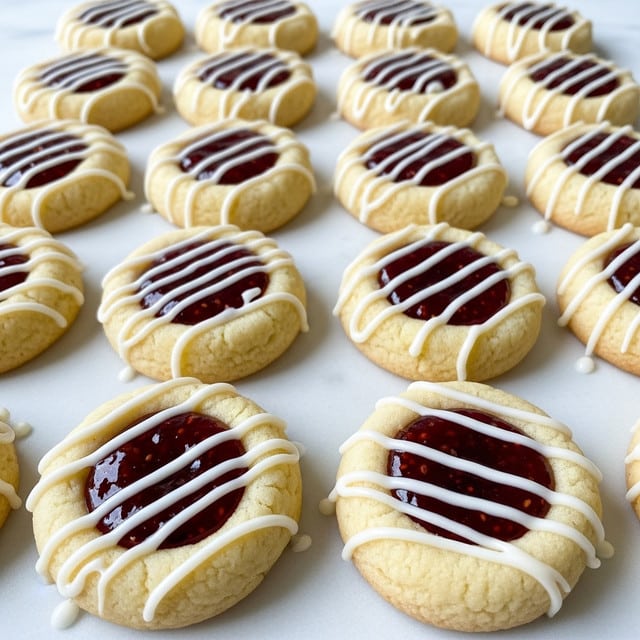 The image shows a close-up view of multiple round thumbprint cookies arranged neatly on a lightly textured white marbled surface. Each cookie has three layers: the base layer is light golden with a soft, slightly crumbly texture; the middle layer is a glossy, bright red jam filling placed in the center indent of each cookie; the top layer consists of thin, white icing lines drizzled horizontally across the jam and cookie edges, creating a delicate contrast. The cookies are evenly spaced, highlighting their uniform size and shape. Photo taken with an iphone --ar 4:5 --v 7