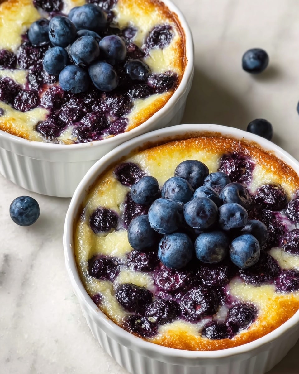 Two small white ramekins hold blueberry clafoutis with a golden brown crust on the edges and a creamy light yellow base mixed with dark purple cooked blueberries, topped with a fresh cluster of plump, deep blue blueberries. Each ramekin is filled nearly to the rim with the soft baked mixture. The ramekins sit on a white marbled surface, with scattered blueberries around and a silver spoon in the background. Photo taken with an iphone --ar 4:5 --v 7