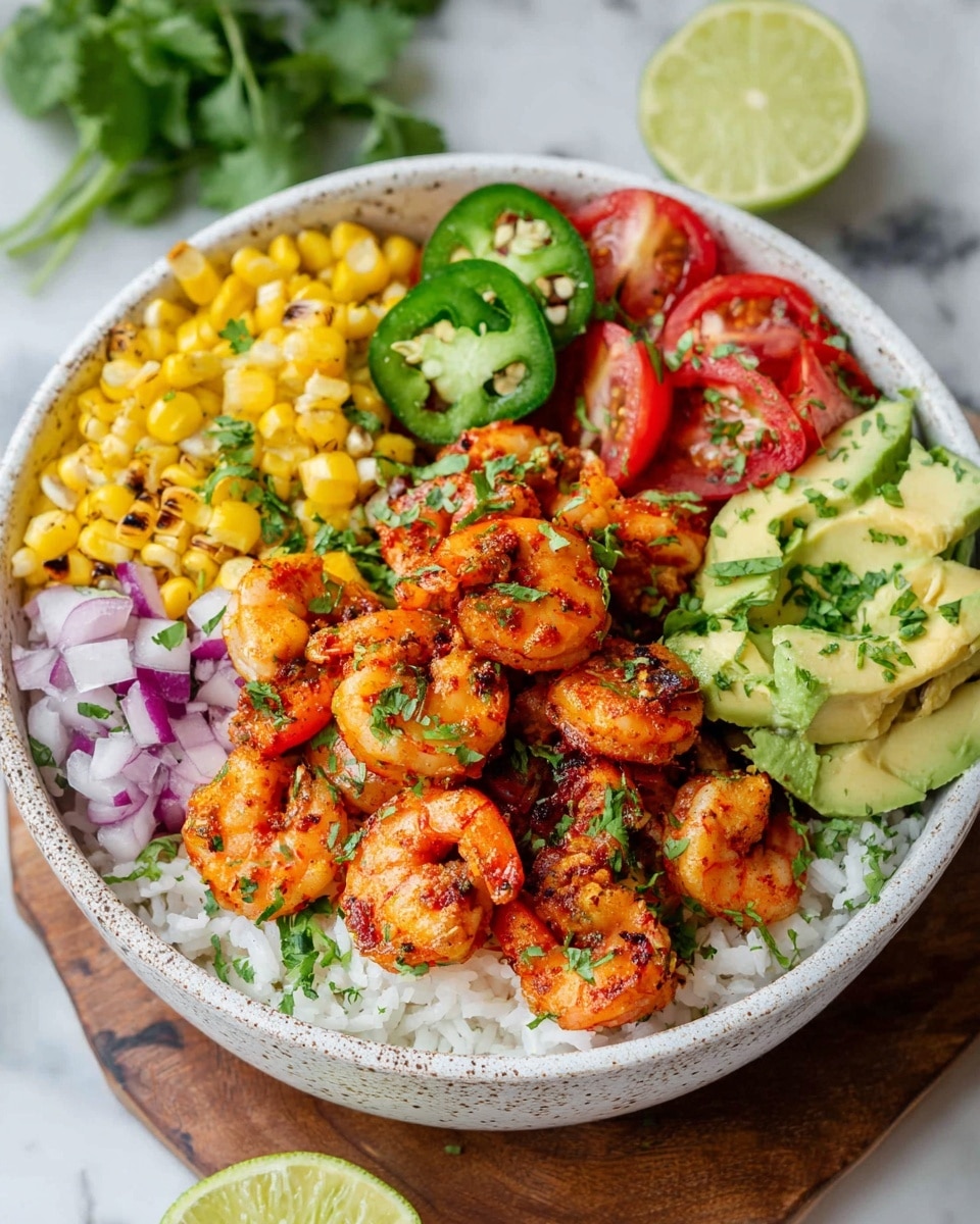 A white speckled bowl is filled with a base layer of white rice, topped with bright orange shrimp seasoned with green herbs in the center. Around the shrimp, there are slices of green jalapeño peppers, red cherry tomato halves, chunks of pale green avocado, and small yellow grilled corn kernels mixed with bits of red onion. A wedge of lime rests on the left side on top of the rice and vegetables. The bowl sits on a white marbled surface. photo taken with an iphone --ar 4:5 --v 7