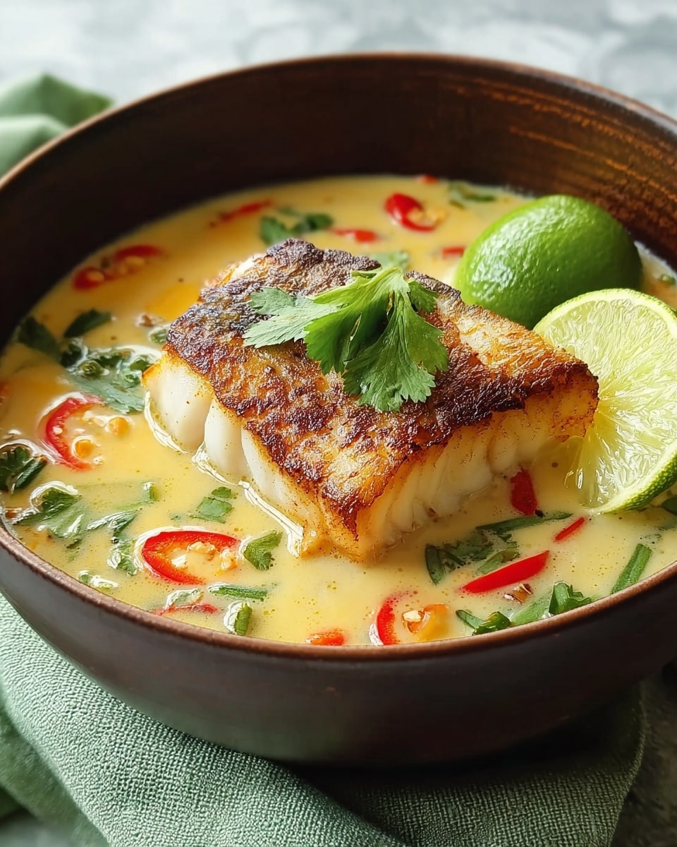 A dark brown bowl filled with a creamy, light yellow soup that has small green herbs and thin red pepper slices floating in it, topped in the center by a thick piece of grilled white fish with a golden brown char on top; a bright green lime wedge rests on the right side of the fish, and green cilantro leaves are scattered on the soup's surface, all placed on a white marbled texture with a soft green cloth partially visible under the bowl. photo taken with an iphone --ar 4:5 --v 7