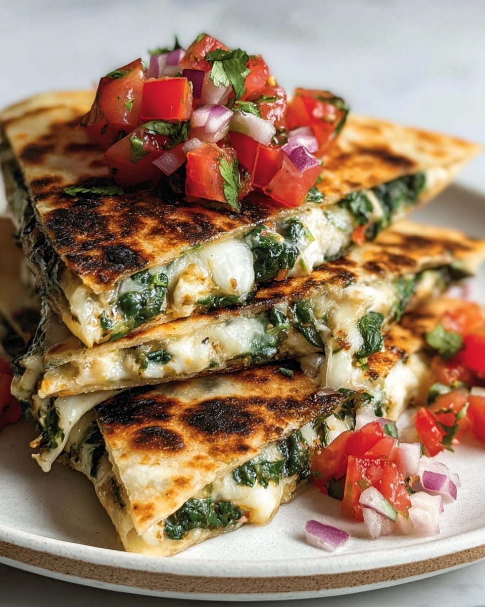 A stack of six triangular quesadilla slices with golden browned and slightly charred tortillas, showing a soft, melty white cheese and cooked green spinach filling inside each layer. Bright red diced tomatoes, chopped purple onions, and green herbs are sprinkled on top and between the slices, adding a colorful contrast. The quesadillas are placed on a white plate resting on a white marbled surface. The image has close, detailed focus, capturing the textures of the crispy tortilla and fresh toppings. Photo taken with an iphone --ar 4:5 --v 7
