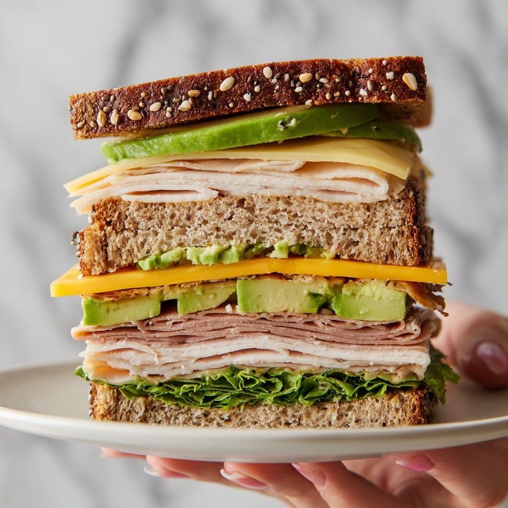 The image shows a thick sandwich with many layers on a white marbled surface. The bottom slice of whole grain bread holds a base of fresh, green leafy lettuce. Above the lettuce, there are multiple thin slices of pink turkey meat arranged neatly. On top of the turkey, there are slices of creamy, light green avocado and bright yellow cheddar cheese. Then, thin slices of golden brown grilled chicken breast sit above the cheese and avocado. The sandwich is topped with another slice of whole grain bread sprinkled with sesame seeds and small green herb flecks. The sandwich looks fresh, colorful, and stacked high on a dark wooden board. Photo taken with an iphone --ar 4:5 --v 7